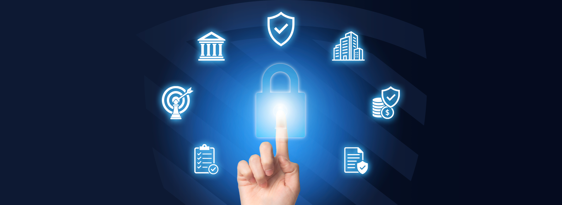 Ilustración digital de una mano tocando un candado brillante, rodeado de iconos flotantes que representan el cumplimiento normativo de la Póliza de Seguridad Total de SIMAL Corporativo para empresas en México.