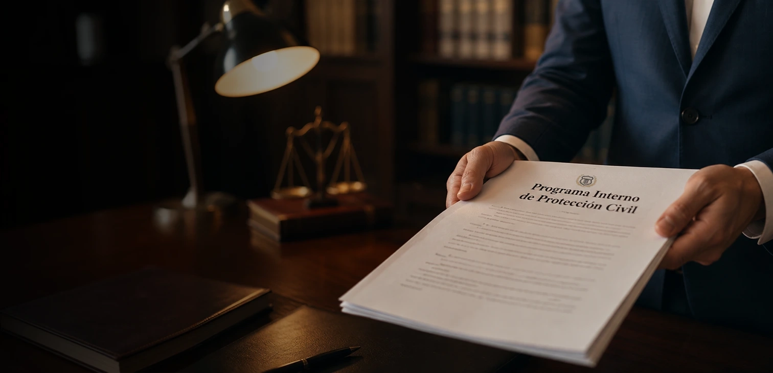Abogado o asesor corporativo entregando un documento oficial impreso que lleva por título Programa Interno de Protección Civil, en un despacho con una balanza de la justicia de fondo.